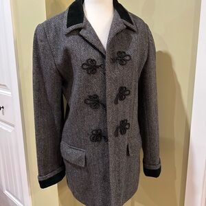 Gray Herringbone Coat with Black Velvet Accents